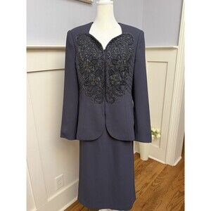 Champagne Italy 2-Pc Women's Gray Skirt Suit Size 8 Beaded Formal Evening NWT